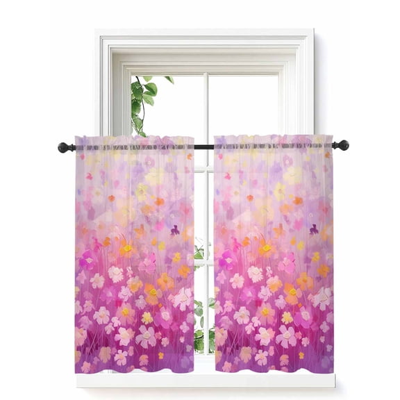 Pink Spring Floral Curtains 45 Inch Length, Sheer Curtains for Bedroom Living Room Window Modern Oil Painted Daisy Botanical Rod Pocket Drapes Kitchen Curtains Small Half Window 42"x45" 2 Panels