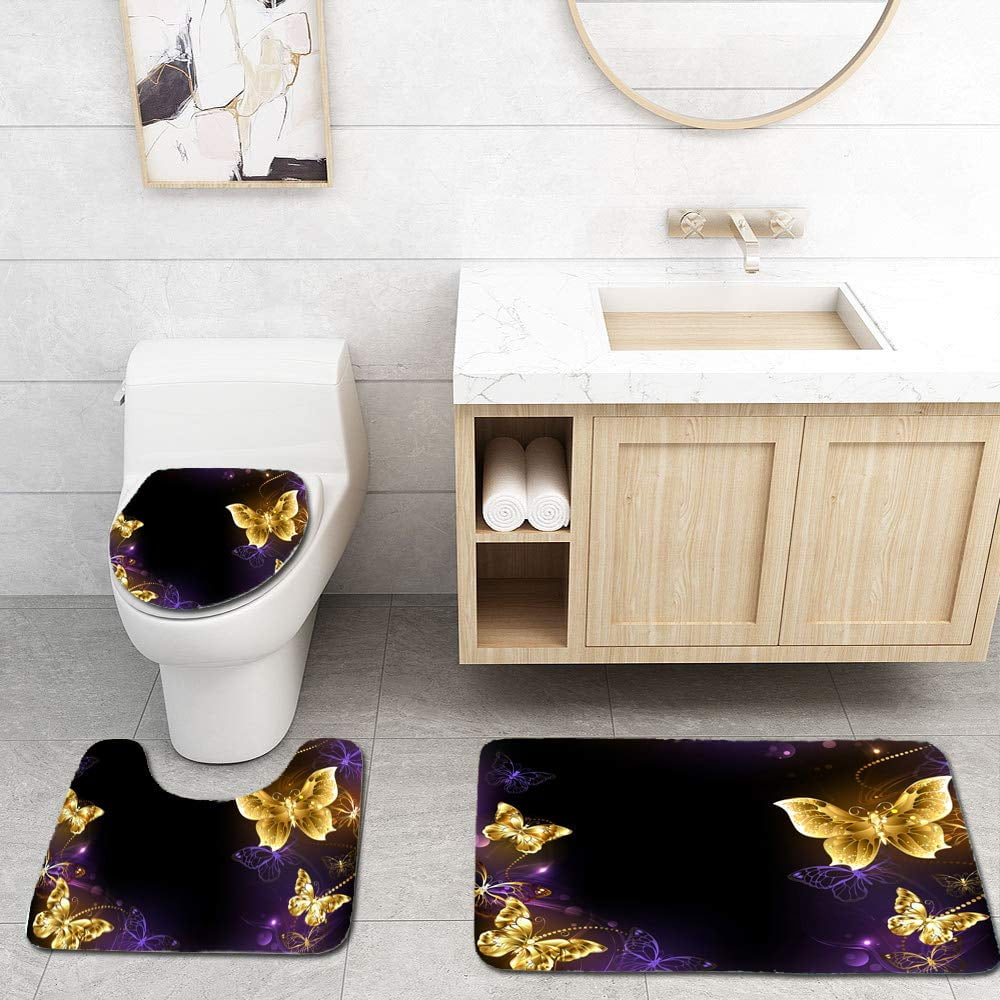 CHAPLLE Gold Butterflies 3 Piece Bathroom Rugs Set Bath Rug Contour Mat