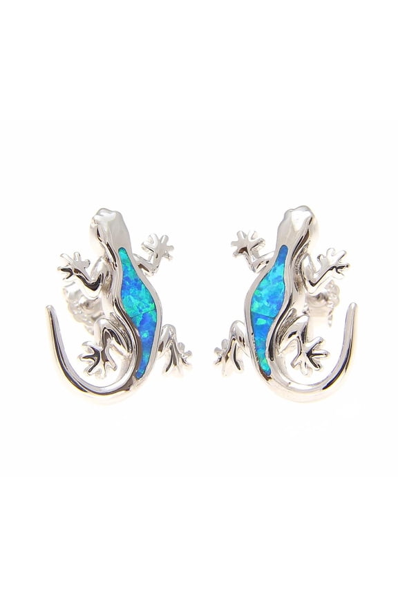 925 Sterling silver Hawaiian gecko lizard blue synthetic opal post stud earrings