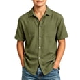 thumbnail image 2 of Oiangi Boys Cotton Linen Tops Short Sleeve Button Down Shirts Casual Solid Color School Uniform Army Green 5 Years, 2 of 6