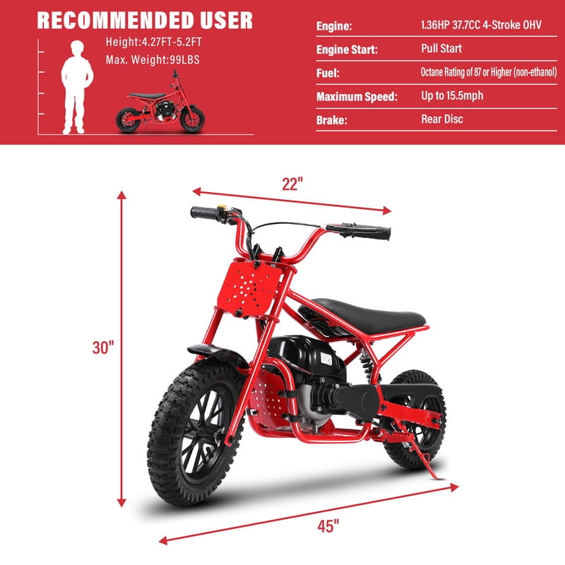Oryxearth OGM37 Plus Mini Bike Gas Powered, 4-Stroke off Road Bike for Teens, Easy Pull Start, Red