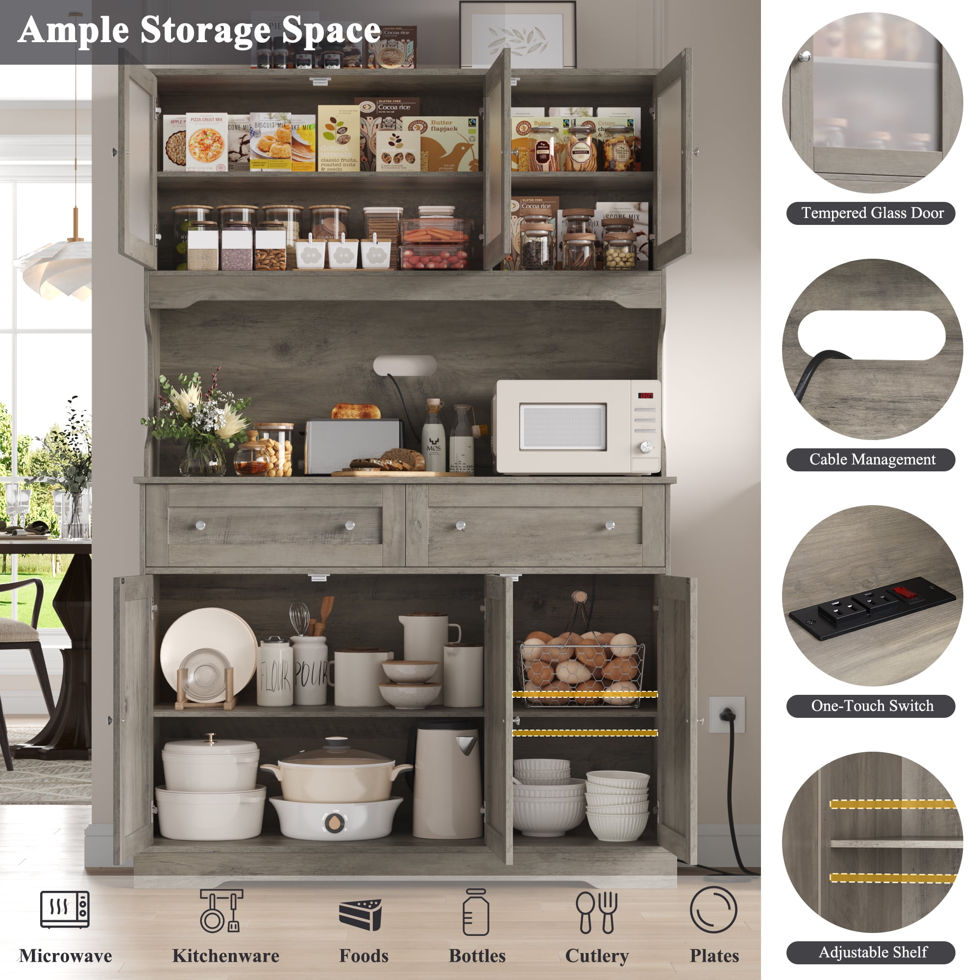 Hiphuta 72"Tall Kitchen Pantry Storage Cabinet with Power Outlet, Freestanding Cupboard Storage Buffet Hutch with Microwave Stand, Storage Pantry with Drawers & Glass Doors, Ash Gray