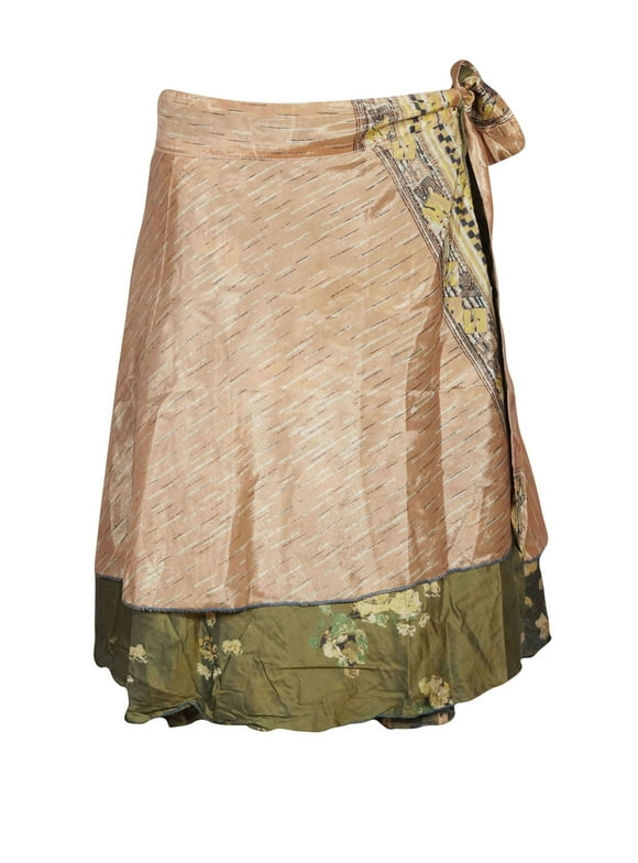 Mogul Women Vintage Silk Sari Magic Wrap Skirt 2 Layer Reversible Skirts