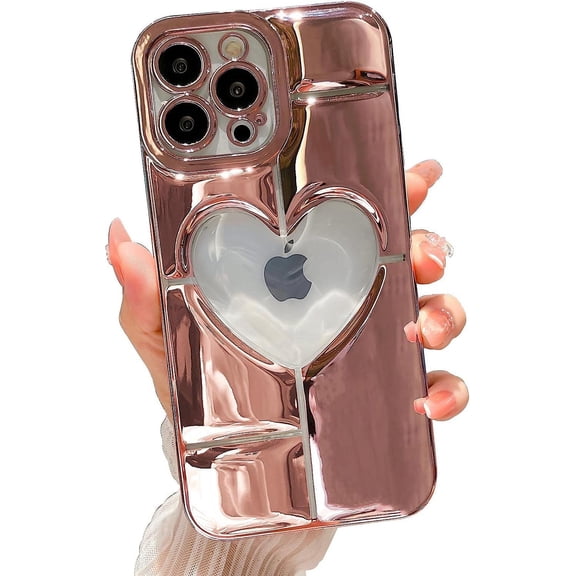 Compatible with iPhone 12 Pro Max Clear Glitter Case 6.7 Inch, Cute 3D Design Love Heart Pattern Plating Bling Case for Women Girls Soft TPU Shockproof Camera Protective Back Cover-Pink