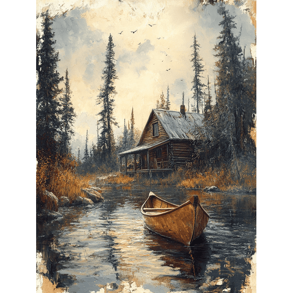Rustic Cabin Canoe Lake Landscape Canvas Print/Wall Art， Perfect for Living Room， Bedroom， Office， Cabin Decor， and Lakeside Home Decoration.