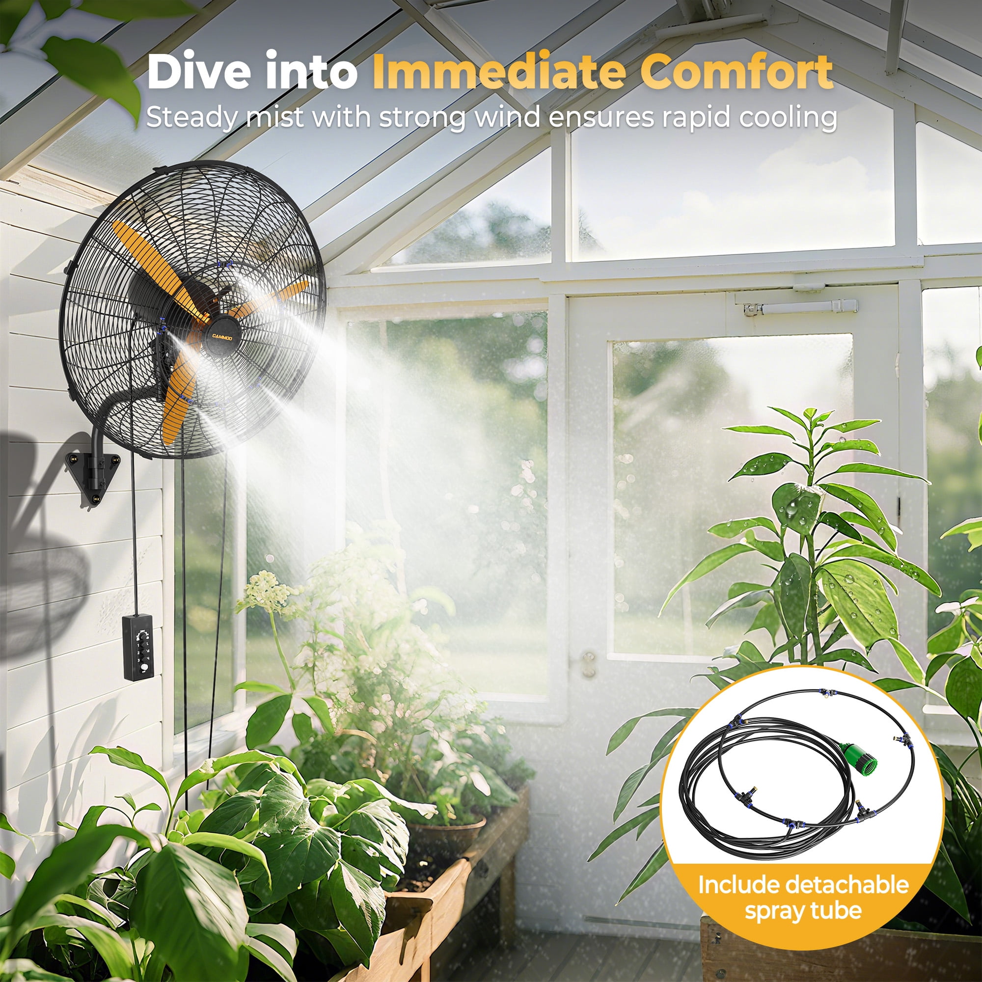 CAMMOO 24" Oscillating Misting Wall Mount Fan with 600D Oxford Cover, 3-Speed IP44 Waterproof High Velocity Industrial Commercial Outdoor Misting Fan for Covered Patio, Greenhouse, Garage