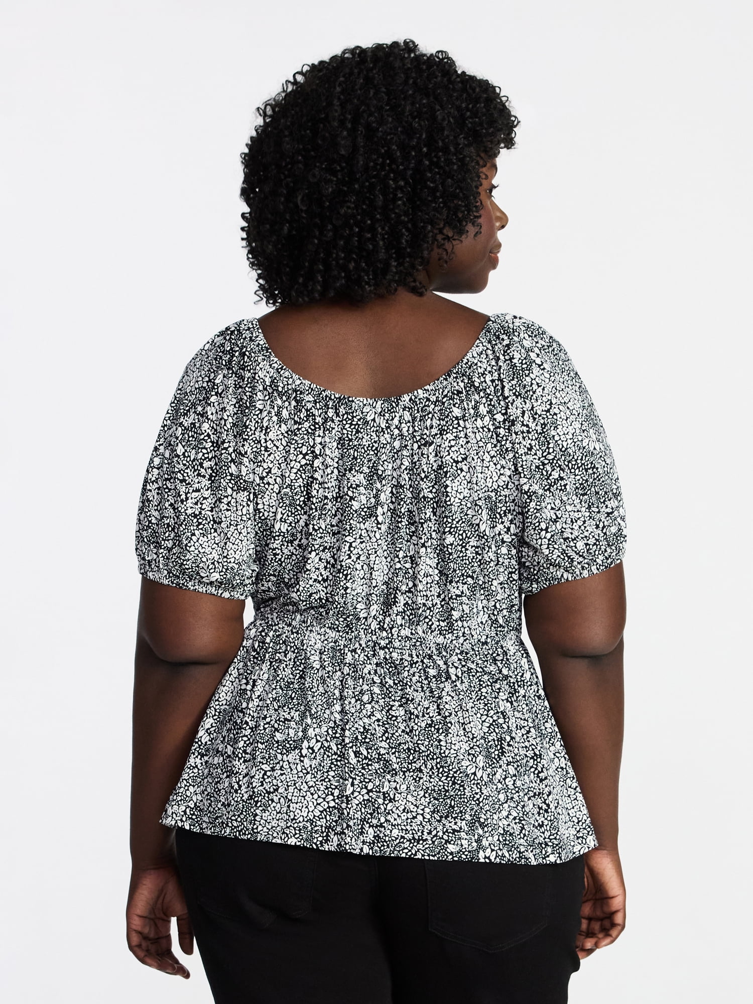 Terra & Sky Women's Peplum Top with Short Puff Sleeves, Sizes 0X-5X