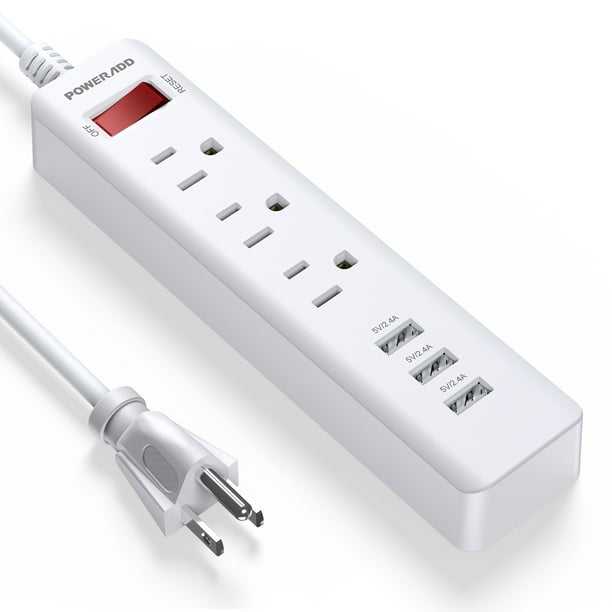 Poweradd 1250W 3Outlet Surge Protector 3 USB Ports Power Strip With