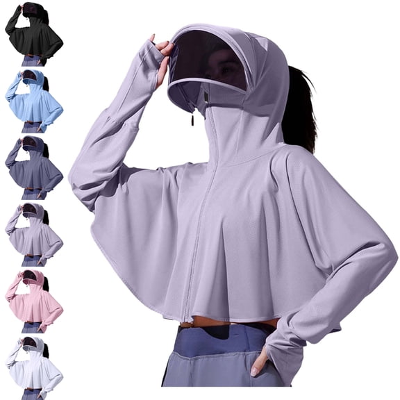 Viluyesy Women's UPF 50  Sun Protection Jackets Hooded with Face Cover Visor UV Coat Thumb Holes Quick Dry for Outdoor Driving Hiking