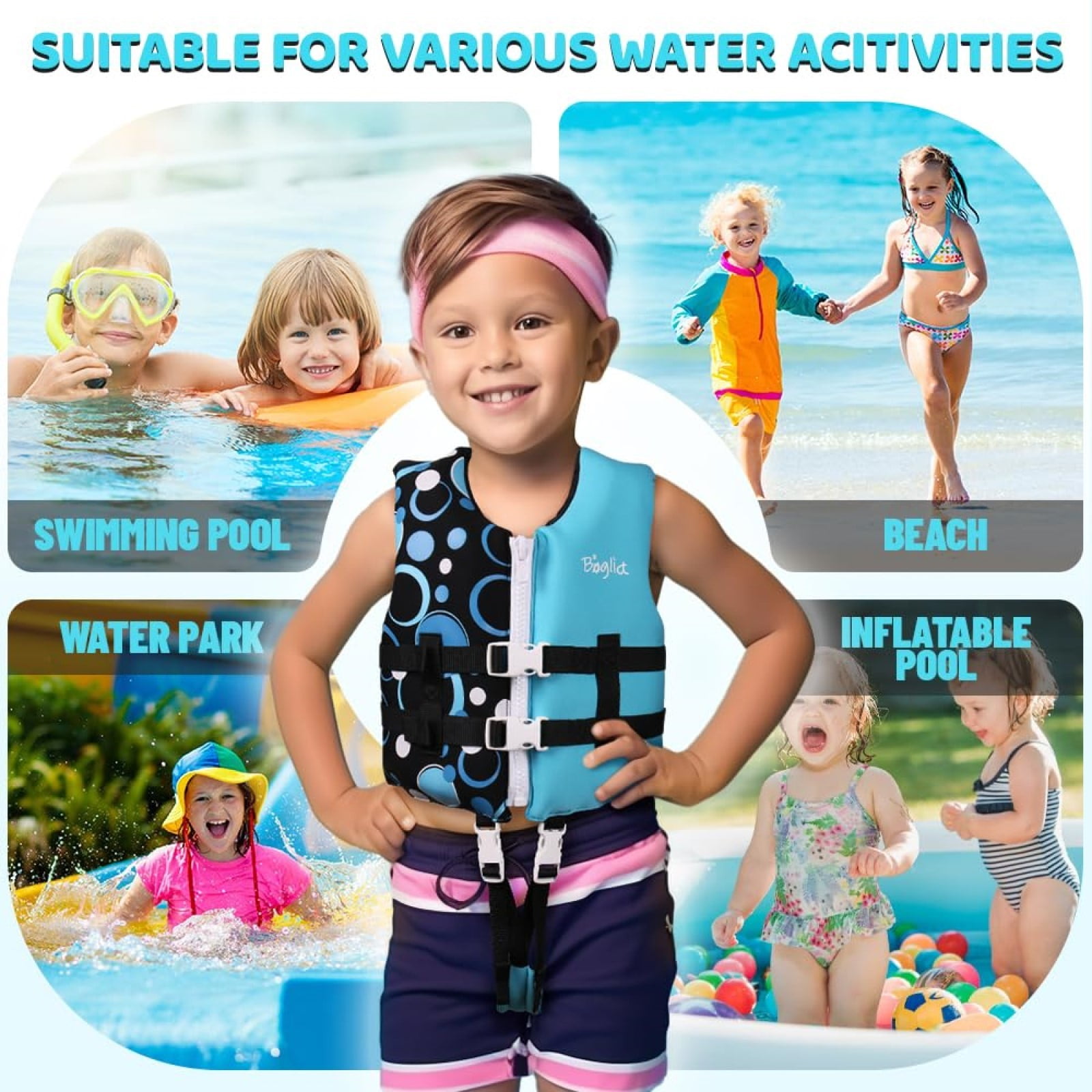 Gogokids Toddler Swim Vest Life Jacket-Kids Flotation Buoyancy Swimwear Trainer Aid Vest with Adjustable Safety Strap, Age 1-9 Years/18-77lbs, Blue Bubble