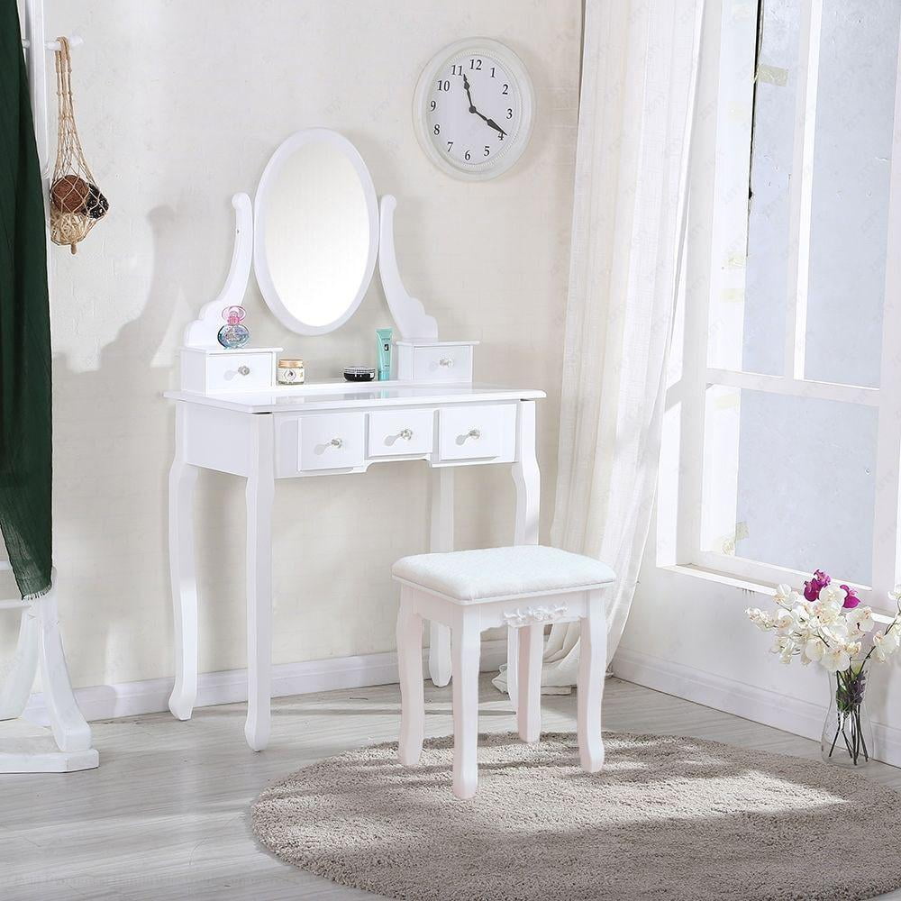 Mgaxyff 360° Rotation Single Mirror 5 Drawers Dressing Table White