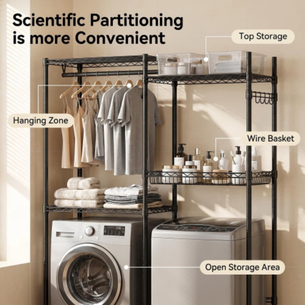 Over Washer and Dryer Storage Rack, 4-Tier Laundry Room Organizer with 3 Wire Shelves, Hanging Rod, Metal Basket & Rotating Hooks, Adjustable Heavy Duty Shelving, Black