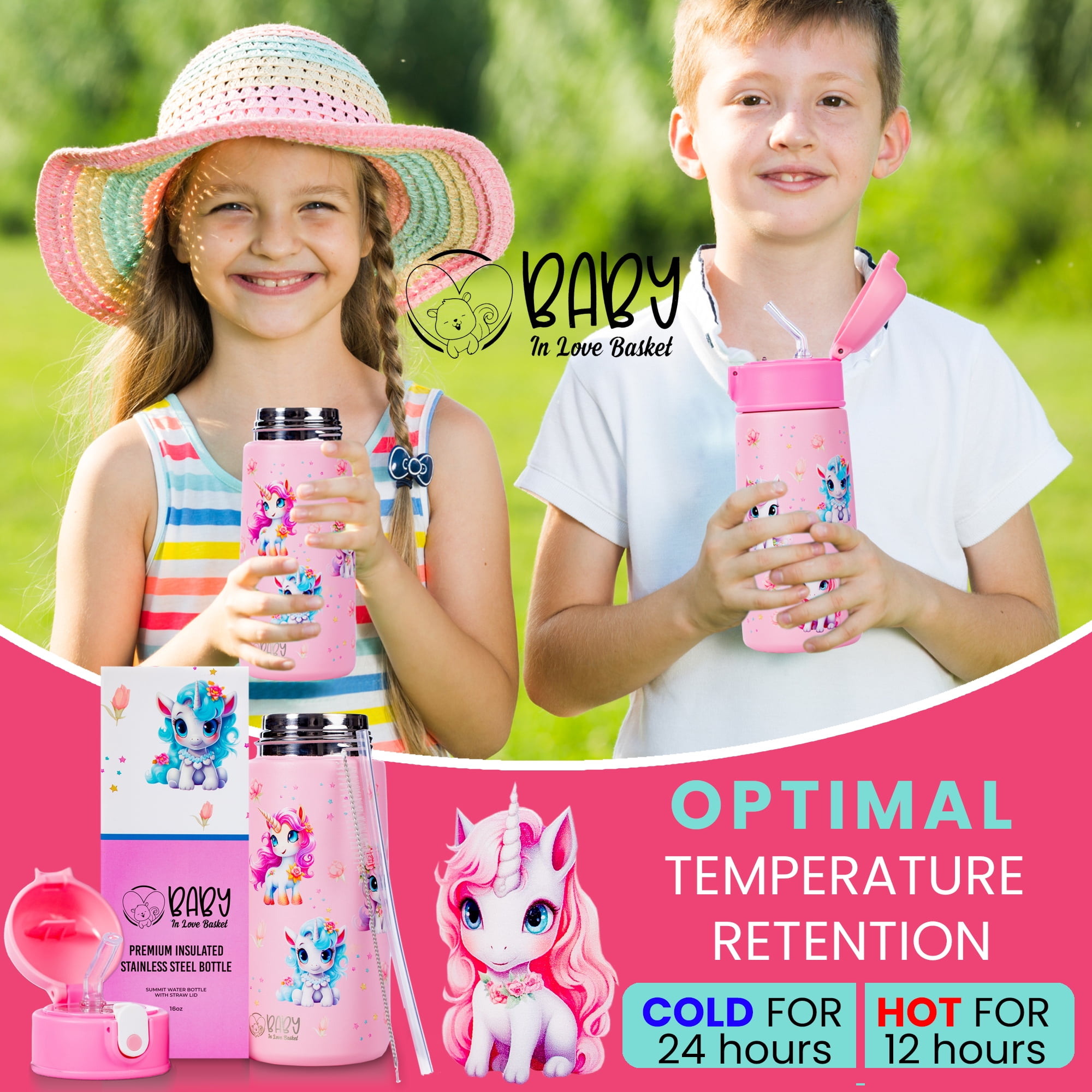 Unicorn Insulated Water Bottle for Kids - 16 oz Stainless Steel, BPA Free, Dishwasher Safe, with Silicone Straw - Keeps Cold 24 Hrs, Hot 12 Hrs - Perfect for School, Travel, Sports