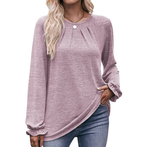 Camisas de Larga para Mujer, Moda Otoño 2025, Blusas Elegantes e Informales, Blusas Tipo Túnica Plisadas con Cuello Redondo. Púrpura S