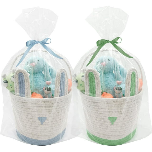 2 Pack Large Woven Easter Baskets for Kids - Boy & Girl Options, Empty Basket with Gift Bags and Ribbons Cute Easter Decorations Bunny Ears Designs (Blue+Green)
