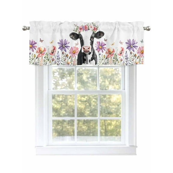 Farmhouse Cow Valances for Windows, Rod Pocket Kitchen Valance Curtains - Soft & Washable Small Window Treatment for Living Room, Bathroom, Flower, 54x18inch