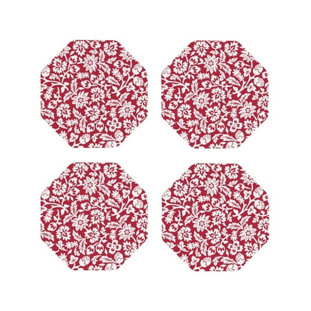 

Fuzoiu Red Flowers Print Leather Coasters Set Drink Coasters Set of 4 for Tabletop Protection Durable PVC Coasters Home Décor and Housewarming Gift-Octagon