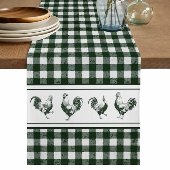 Table Runner - 36 Inch Long, Farmhouse Green Plaid Kitchen Dining Table Runner Dresser Scarves, Vintage Country Cock Checkered Farmhouse Decor for Coffee Tables Wedding Party Banquet