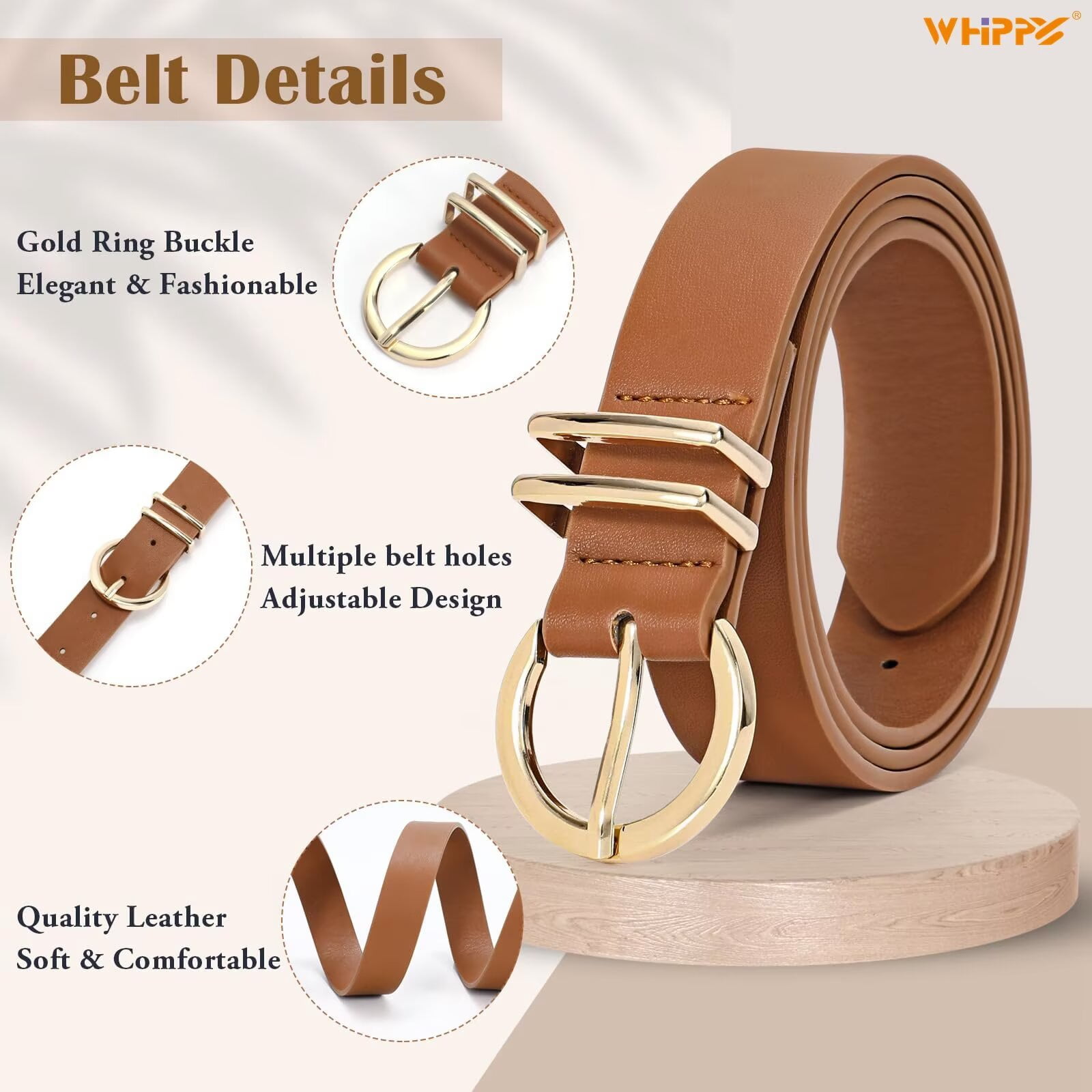 WHIPPY Women's Leather Belt Gold Buckle Plus Size Waist