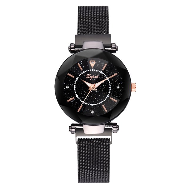 Reloj de cuarzo con correa de malla de moda, reloj femenino con diamantes de imitación y patrón de cielo estrellado (negro)