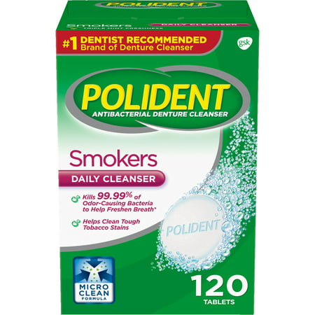 Polident Smokers Antibacterial Denture Cleanser Effervescent Tablets, 120 count