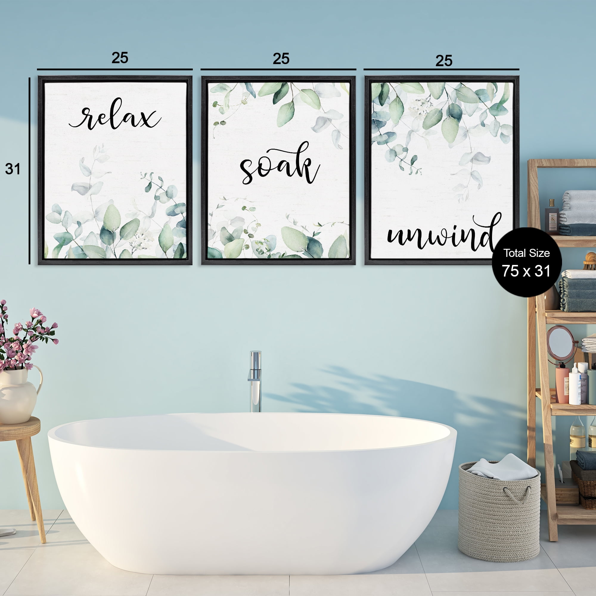 Leafy Bathroom Herbs 3 Piece Black Framed Floater Canvas Set, design by Lettered and Lined