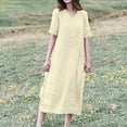 thumbnail image 1 of Robes d'Été Décontractées pour Femmes Col en V Manches Courtes Robe en Coton et Lin Couleur Unie Ample Légère Robes Midi, 1 of 7