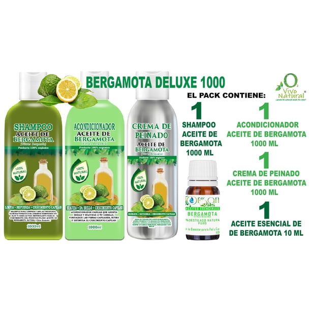 Bergamota Deluxe 1000 VIVONATURAL. Shampoo Aceite de Bergamota 1000 ml + Acondicionador Aceite de Bergamota 1000 ml + Crema de Peinado Aceite de Bergamota 250 ml + Aceite Esencial de Bergamota 10 ml