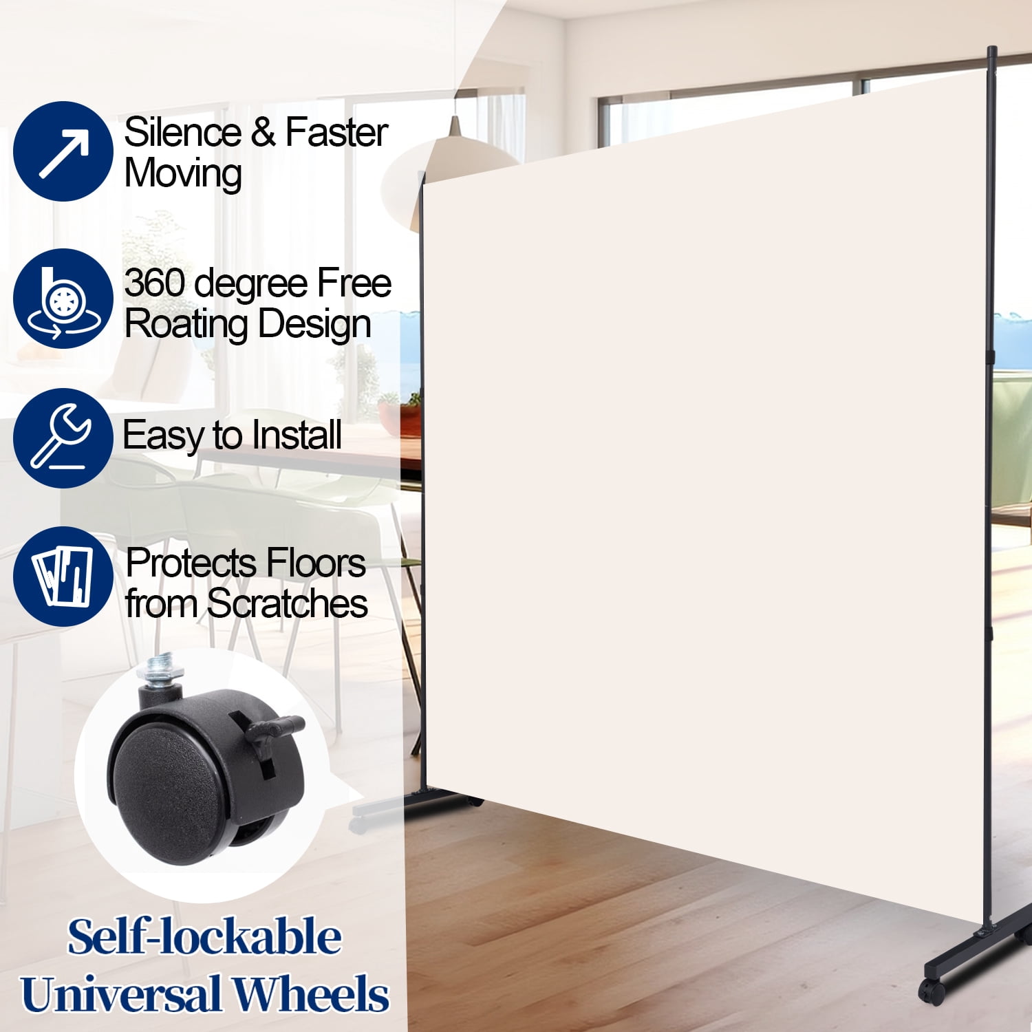 Room Divider Single Fabric Panel Privacy Screen W/Wheel, 71''X 72''Wide Portable Wall Divider for Room Separation, Upgrade Room Divider Screen 6 FT Partation Room Dividers for Home, Office, School