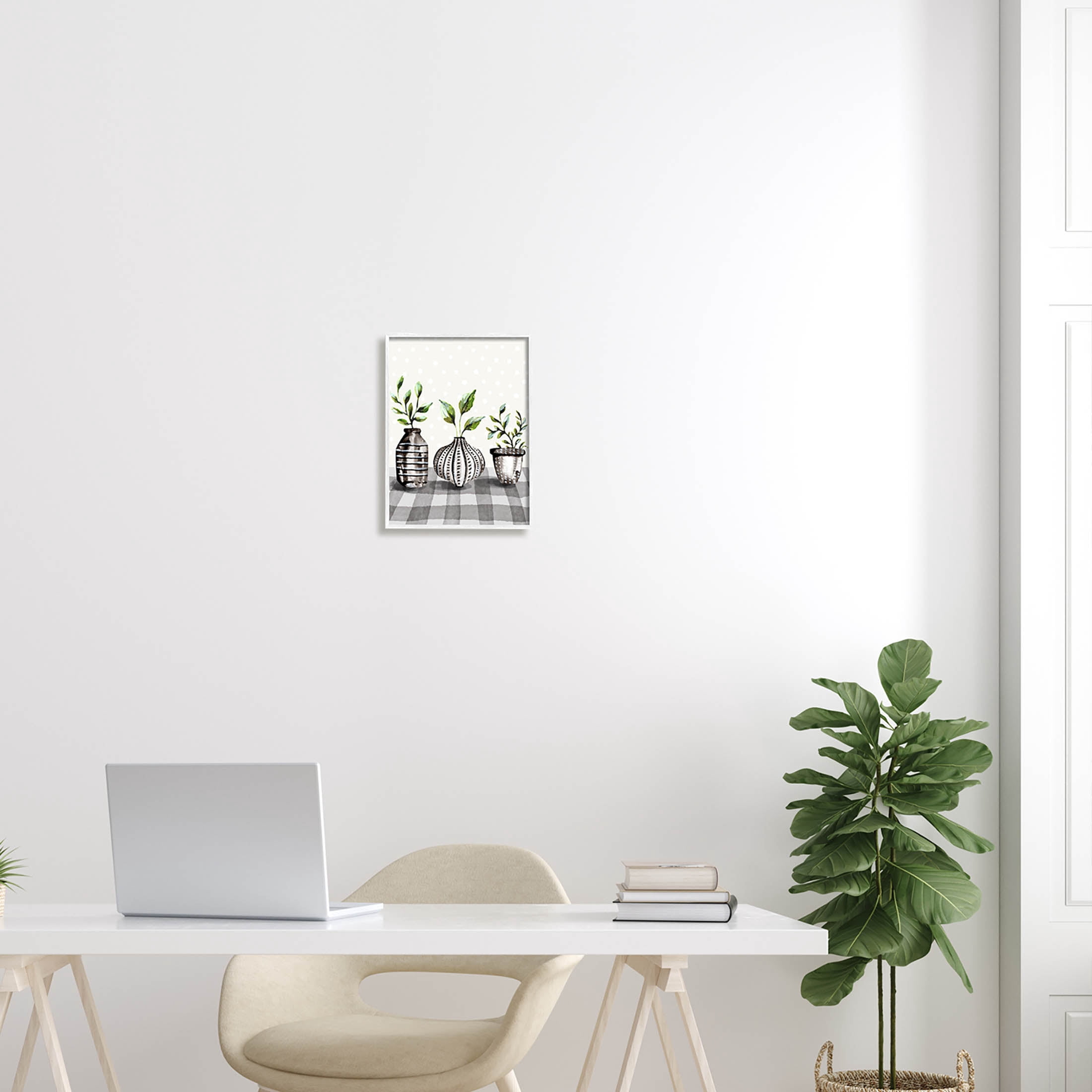 Potted Herbs Patterned Tartan Botanical & Floral Graphic Art White Framed Art Print Wall Art