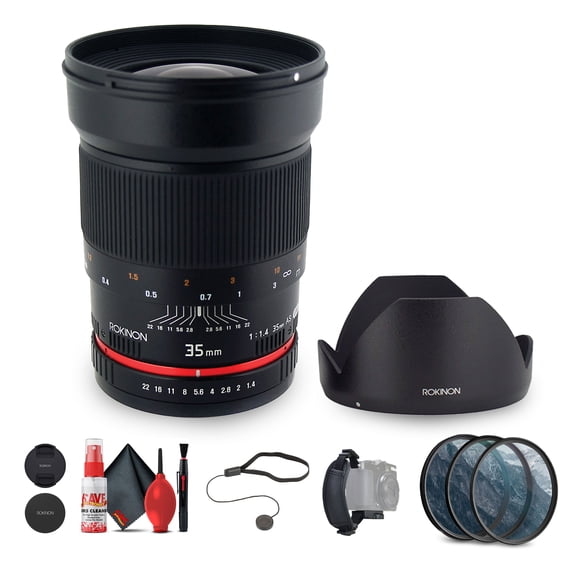 Rokinon 35mm f/1.4 Wide-Angle US UMC Aspherical Lens for Olympus 4/3 with 3-Piece Filter Kit, Hand Strap, Full Cleaning Kit, and Cap Keeper – Lens Bundle