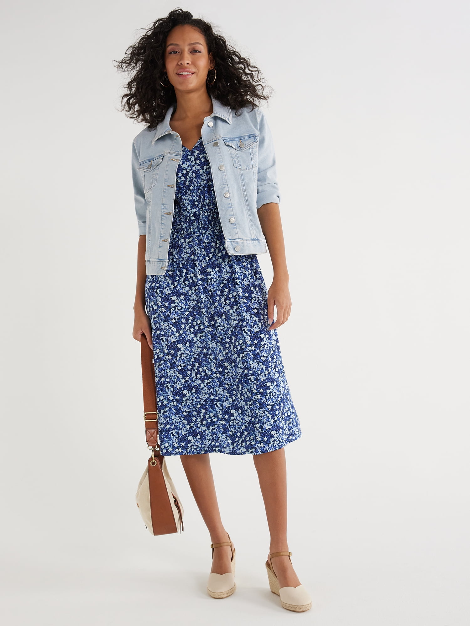 Time and Tru Women's and Women's Plus Smocked Waist Midi Dress with Short Sleeves, Sizes XS-4X