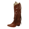 thumbnail image 3 of Women's Wide Calf Fringe Cowboy Tassel Boots Pointed Toe Leather Embroidered Western Cowgirl Ankle Booties, 3 of 9