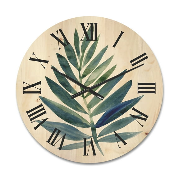 Designart 'Tropical Green Leaf On White' Farmhouse Wood Wall Clock