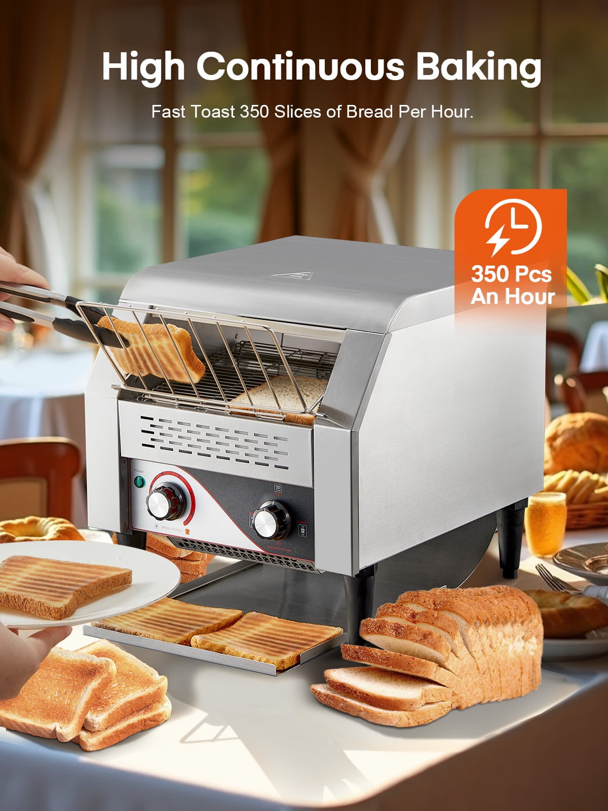 Conveyor Toaster, 350 Slices/Hour Commercial Toaster with Dual Heating Tube, 7 Browning Levels