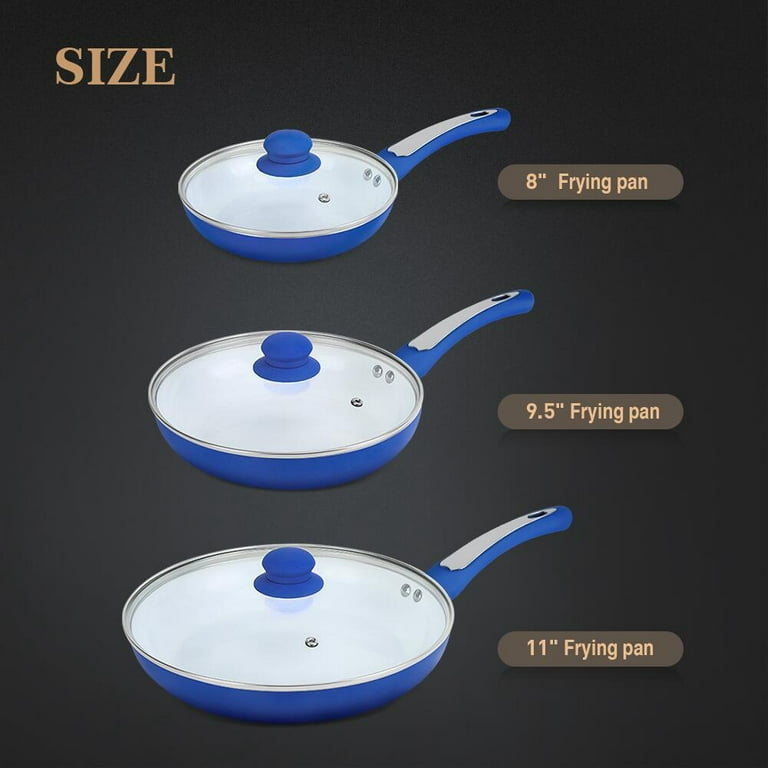 FGY 6 Pcs Nonstick Frying Pan Set Ceramic Coated - 8, 9.5 & 11 Fry Pans  w/ Lid (Blue) 