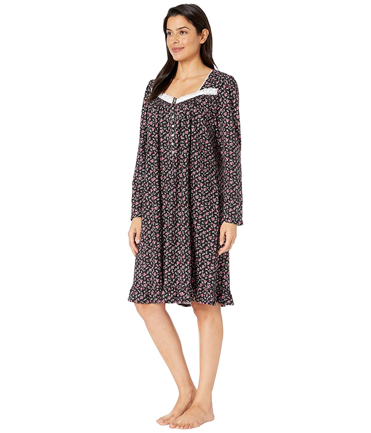 Eileen West Eileen West Cotton Peached Jersey Knit Long Sleeve Short Nightgown Black Ground
