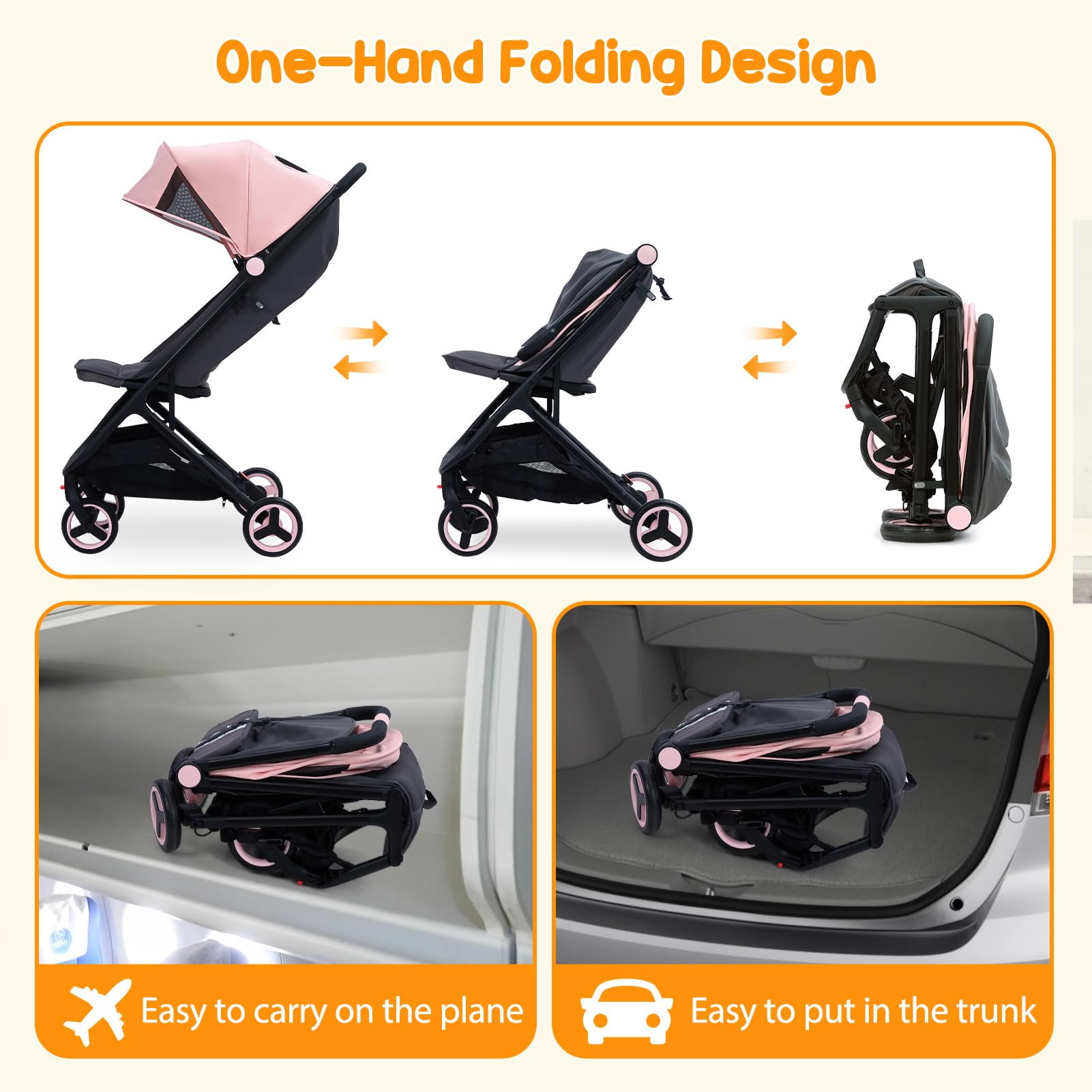 Ataucjin Lightweight Stroller Compact One-Hand Fold Travel Stroller Compact Stroller With Canopy Storage Basket Multi-Position Recline Seat Infant And Toddler Stroller For Airplane Friendly