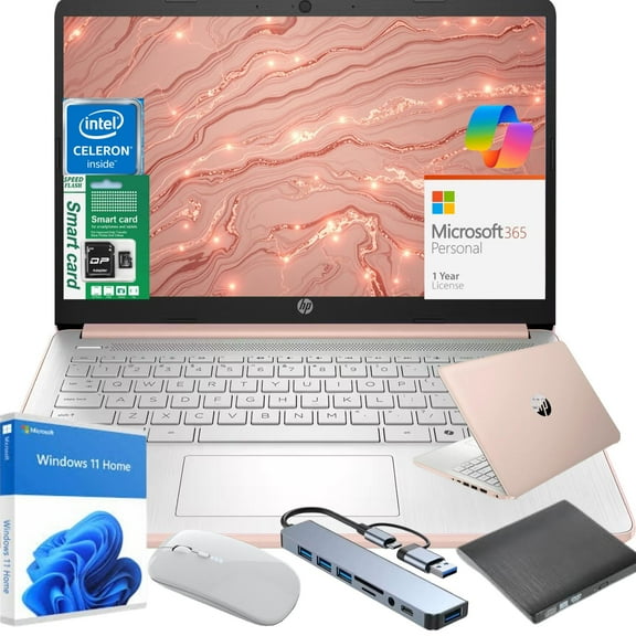 HP 14" Ultra Thin Laptop, Intel Quad-Core Processor, 8GB RAM, 384GB (128GB eMMC 64GB SD Card), Windows 11 Home, 1 Year Microsoft Office 365, Lightweight Notebook for Work or School, Gift Set(Pink)