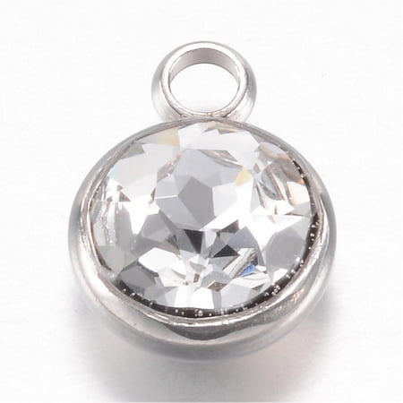 304 Stainless Steel Glass Rhinestone Charms April Birthstone Charms Faceted Flat Round Clear 14x10x7mm Hole: 2.5mm