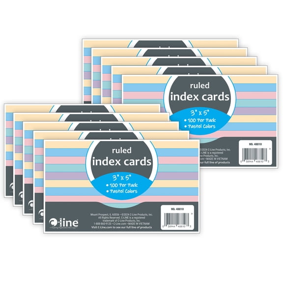 C-Line Index Cards, 3" x 5", Assorted Colors, Ruled, 100 Per Pack, 10 Packs