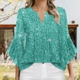 thumbnail image 2 of Mint Lime Green Ladies Ruffle 3/4 Length Bell Sleeve Top Flower Graphic Loose Fit Blouses for Women Vneck Lounge Pleated Fall Summer Shirts 2025 Clothing XXL, 2 of 5