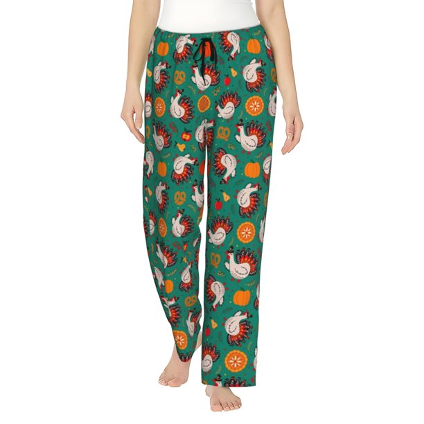 Balery Cartoon Turkey Pantalones de pijama para mujer, pijamas ultraligeros, pantalones de estar por casa-Small