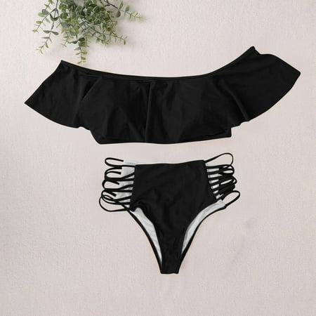 Ovticza Women s Two Piece Swimsuit Off Shoulder Ruffle Bandeau Bikini Swimsuit Top and High Cut Bathing Suit Bottoms Black M