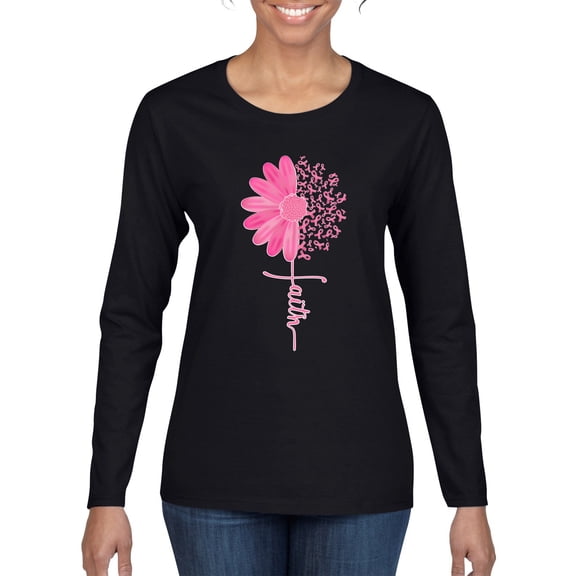 Wild Bobby, Faith Pink Ribbon Sunflower, Breast Cancer Awareness, Women Graphic Long Sleeve Tee, Black, Small