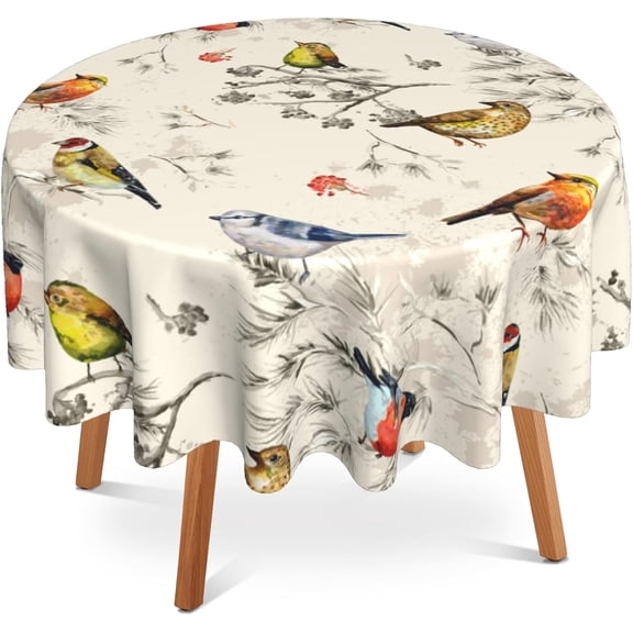 Vintage Birds Round Table Cloth 60 Inch,Watercolor Branches Tablecloth Waterproof Stain Resistance Wrinkle Polyester Circle Table Cover for Home Kitchen Dining Party Camping Pinic Decor