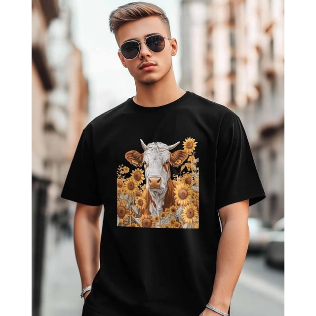 Camisetas para hombre, camisetas de manga corta con estampado de vaca y flores de primavera, camisetas de cuello redondo, camisetas informales holgadas para adolescentes y niños.
