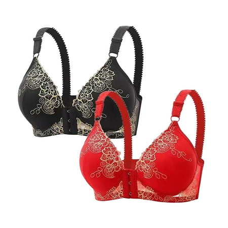 Ecqkame 2Pc Front Closure Bras for Women Lace Floral Push Up Bra Breathable Lift Everyday Bra 2PC Red M on Clearance