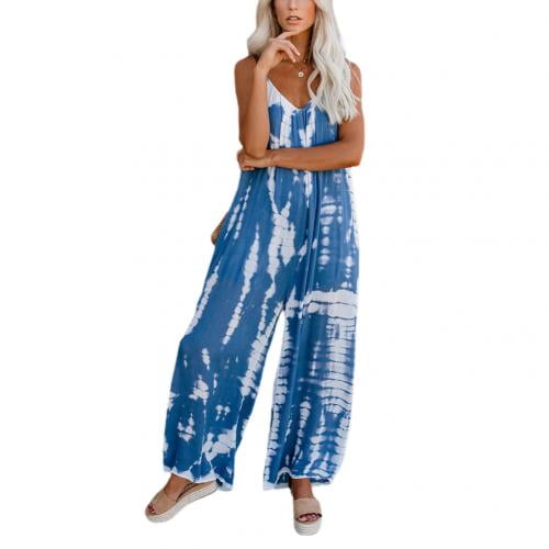 Womens V-Neck Loose Fit Playsuit Strap Jumpsuits,Tie-Dye Jumpsuit Spaghetti Strap Loose Bohemian Style Romper Outfit with Pocket 