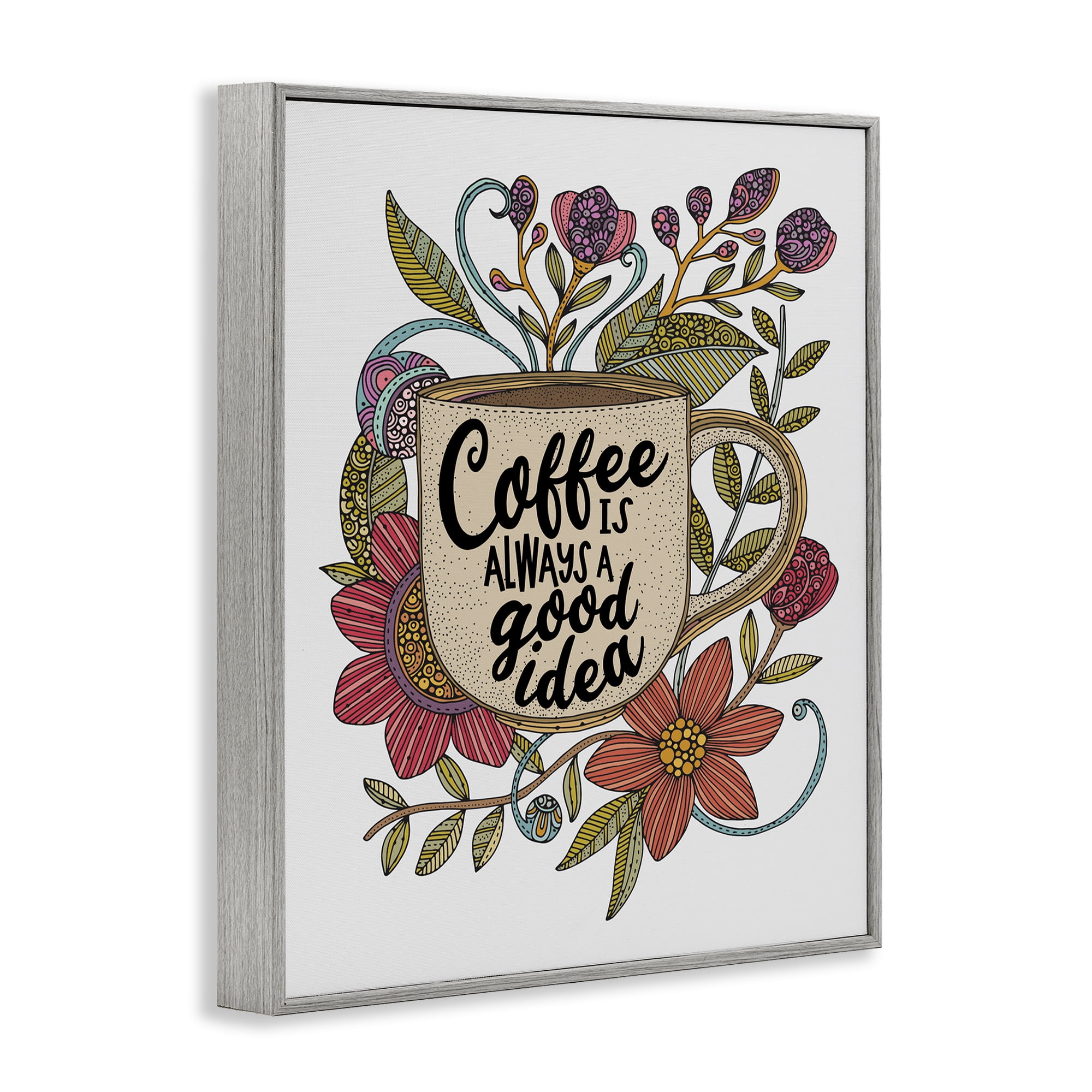 Stupell Industries Floral Coffee Good Idea Food & Beverage Painting Gray Framed Art Print Wall Art, 16 x 20